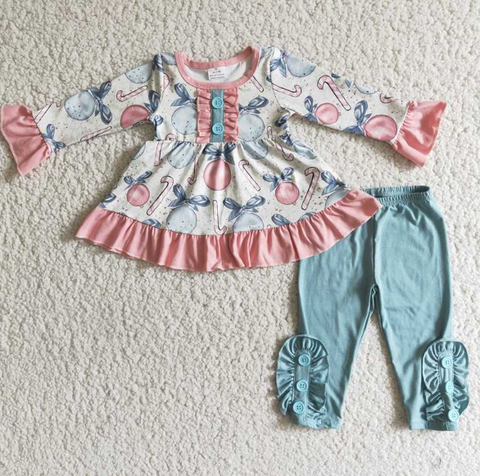 Pink Blue Ball Long Sleeve Top Light Blue pant set