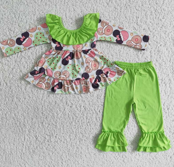cartoon Bow Top Green Pants Set