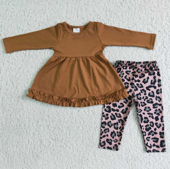 Brown Long Sleeve Top Leopard Pants Set