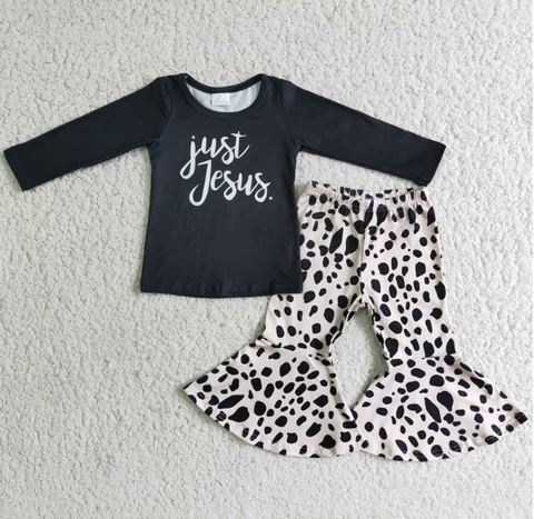 6 B6-2 Alphabet Black Top Leopard Print Flared Pants set