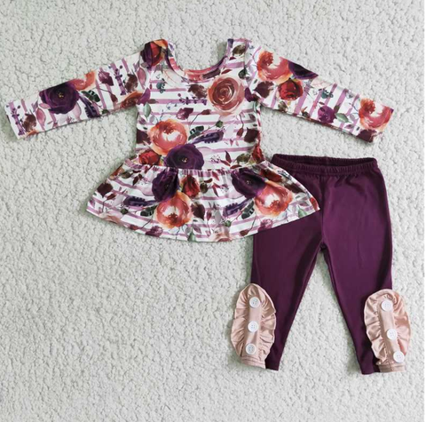 6 B6-3 Rose Pattern Long Sleeve Top Purple pant set