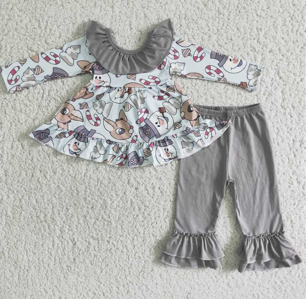 Snowman Deer Bow Top Grey pant set