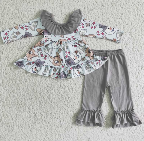Snowman Deer Bow Top Grey pant set