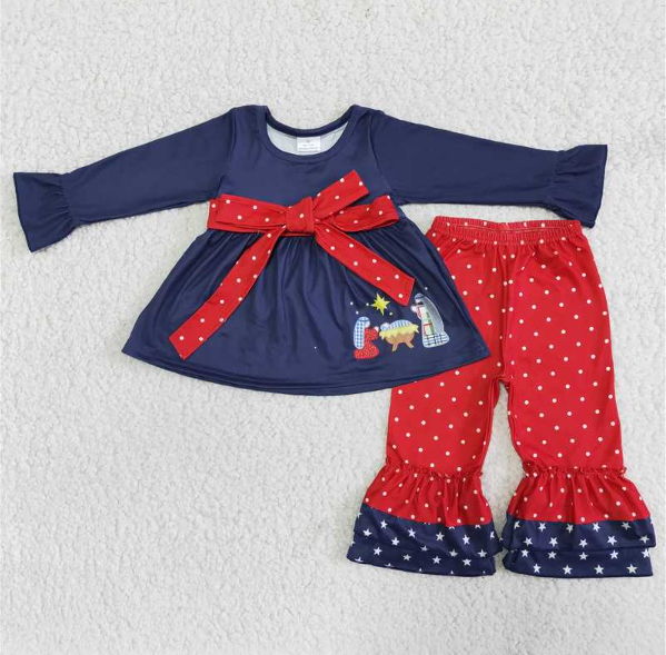 6 B1-2 girl blue navy blue jesus top red polka dot pant set