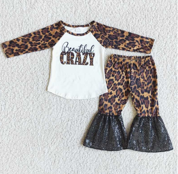 CRAZY LEOPARD LONG-Sleeve Sequined Flare Pants Set