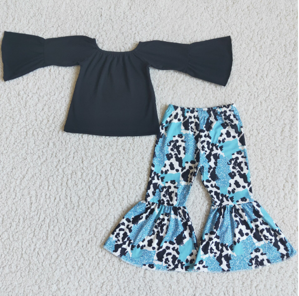 Black Flared Sleeve Cow Print Flared Pants Set