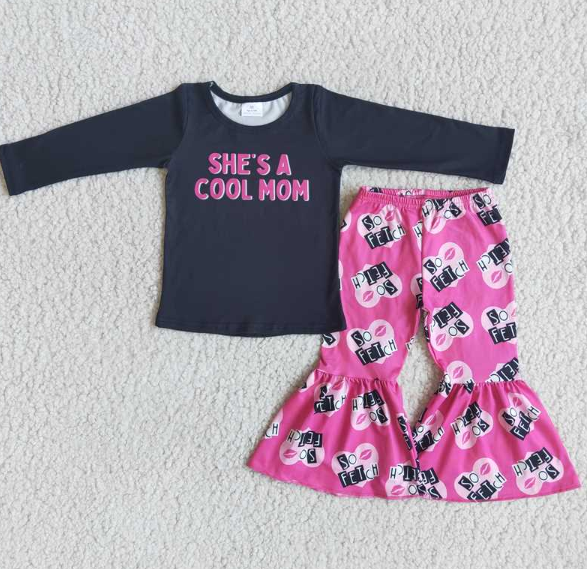 cool mom black long sleeve flared pants set