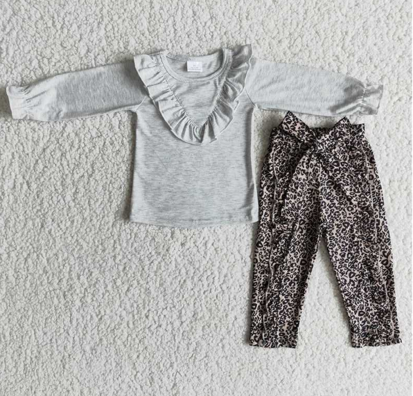 Grey Long Sleeve Top Leopard Print  set