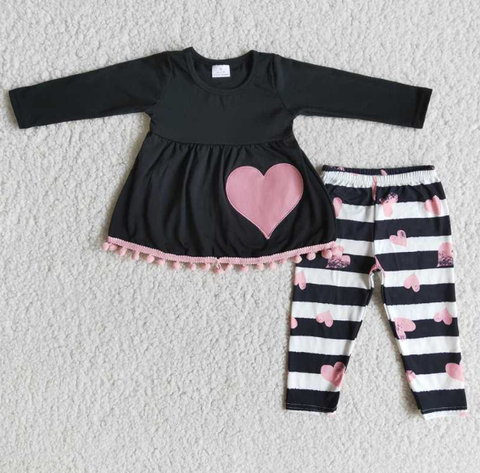 6 A27-29 Embroidered Heart Black Long Sleeve Striped set