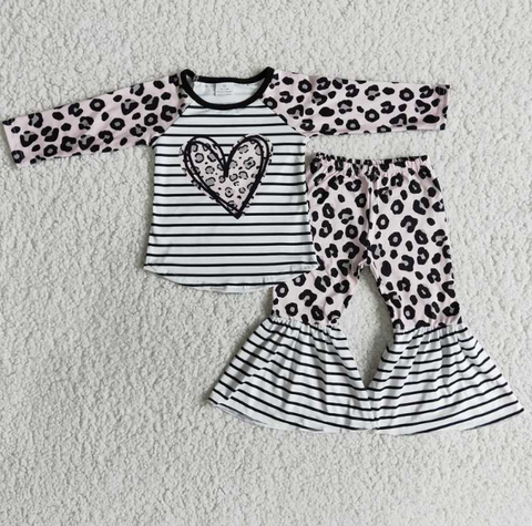 6 A30-15 Valentine's Day Heart Leopard Print Long Sleeve Flared Pants Set
