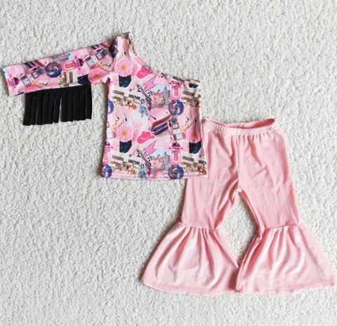 6 A30-18 Printed Fringe Top Pink Gold Velvet Flared Pants set