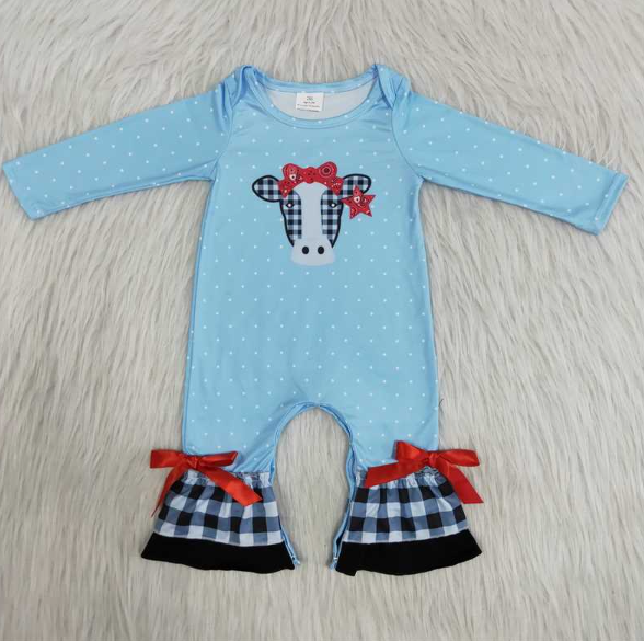6 A27-2-1 Bow Plaid Bull Head Blue Long Sleeve One Piece  romber