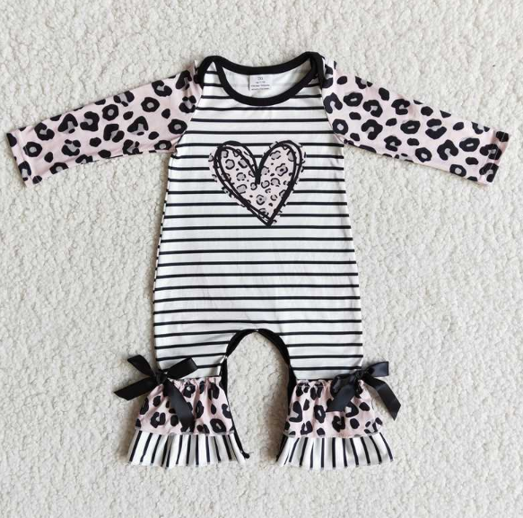 6 A26-20 Valentine's Day Heart Leopard Print Long Sleeve Romper