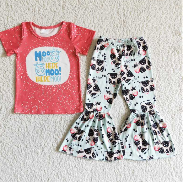 C4-25 Watermelon Red Short Sleeve Cow Flared Pants Set