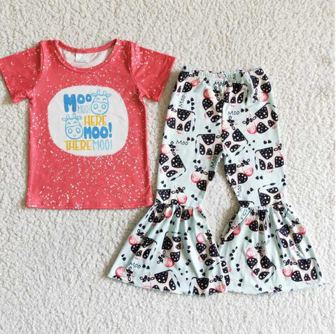 C4-25 Watermelon Red Short Sleeve Cow Flared Pants Set