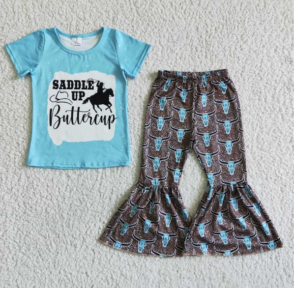 C5-27 SADDLLE Blue Short Sleeve Bull Head Flared Pants Set