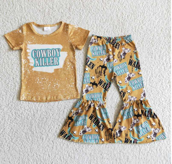 C3-28 COW BOY Yellow Short Sleeve Flared Pants Set