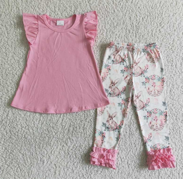 B13-28 Pink Flying Sleeve Rabbit Pants Set