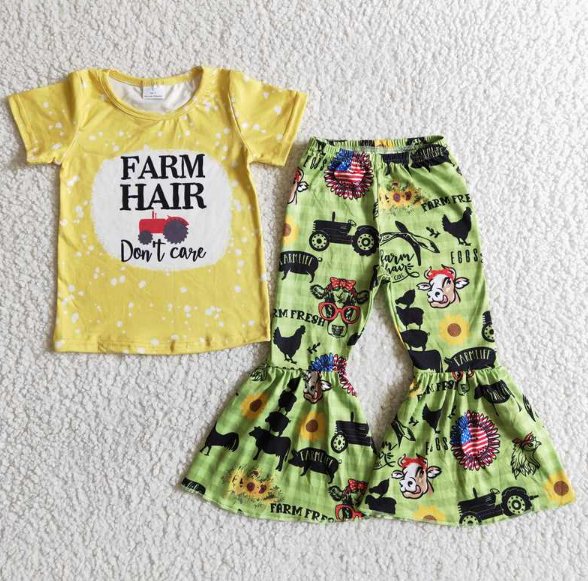 B12-28 FARM HAIR Yellow Short Sleeve Flared Pants Set