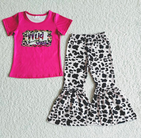 B7-30 Rose Red Short Sleeve Top Leopard Print Flared Pants Set