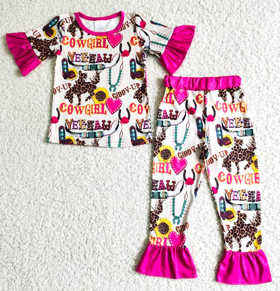 B5-28 Cow girl Leopard Pink Heart Girls Pajamas