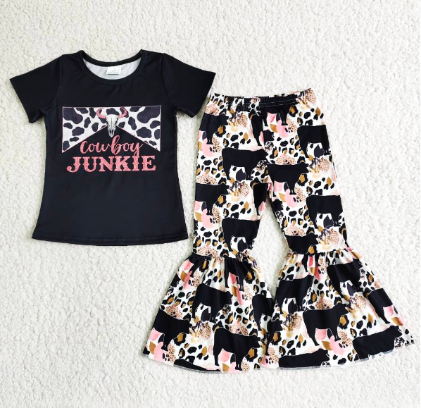 B6-28 JUNKIE Black Short Sleeve Bull Flare Pants set