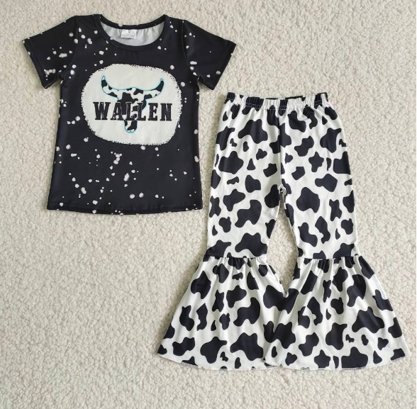 B6-25 WALLEN Bull Head Black Short Sleeve Flared Pants set