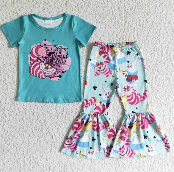 B0-2 Bee Letters Green Short Sleeve Top Flared Pants Set