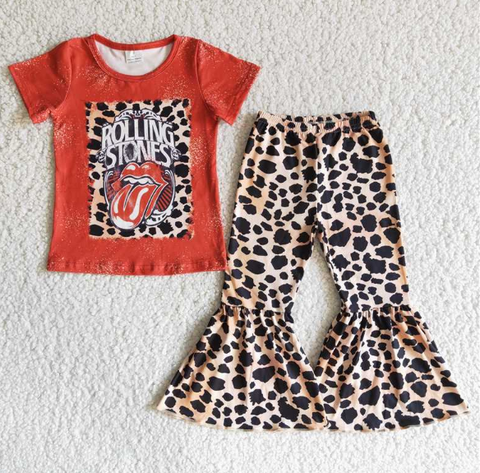 B0-1 Tongue Short Sleeve Leopard Print Flared Pants set