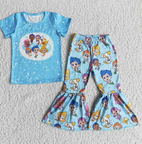 B0-26 Cartoon character blue short-sleeved flared pants set