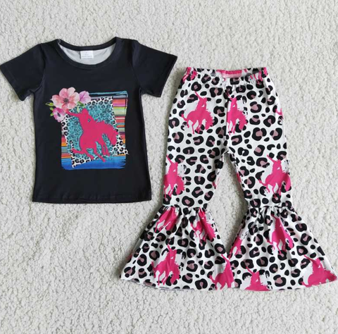 B1-27 Flower Pattern Black Short Sleeve Leopard Flare Pants set