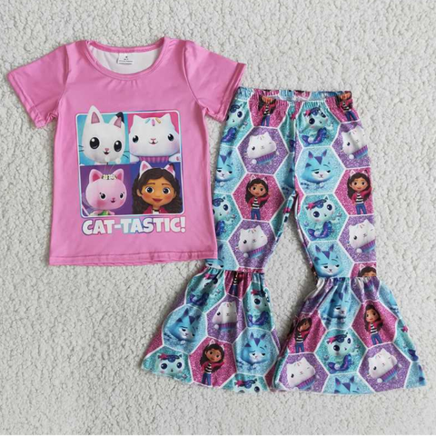 E14-11 TASTIC cartoon cat short-sleeved flared pants set