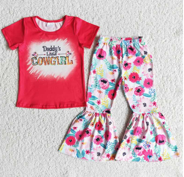 B1-26 cowgirl red short-sleeved printed flared pants set