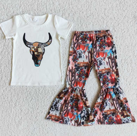 B1-14 Bull Tau White Short Sleeve Flared Pants Set