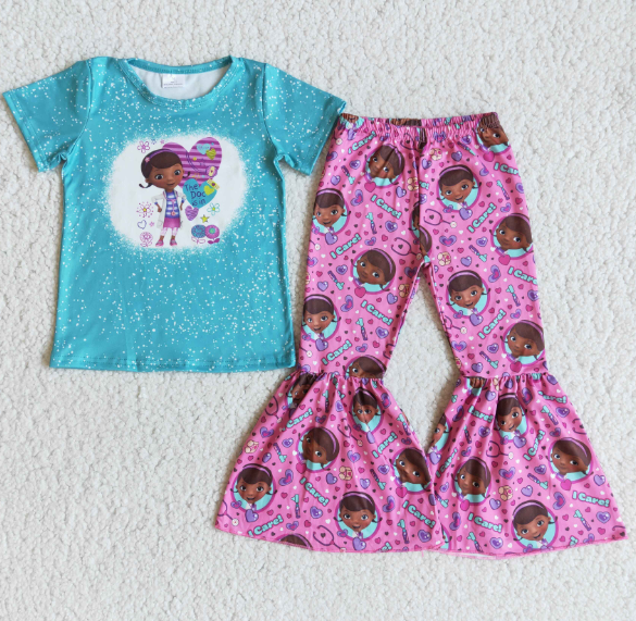 B1-28 Valentine's Day Cartoon Character Blue Short Sleeve Flared Pants Set