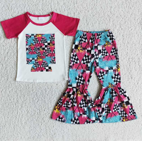 B2-14 Checkered Flag Red Short Sleeve Flared Pants Set