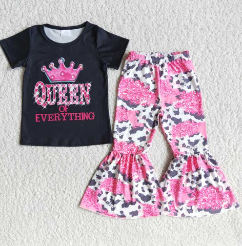 B2-13 queen crown black short sleeve flared pants set