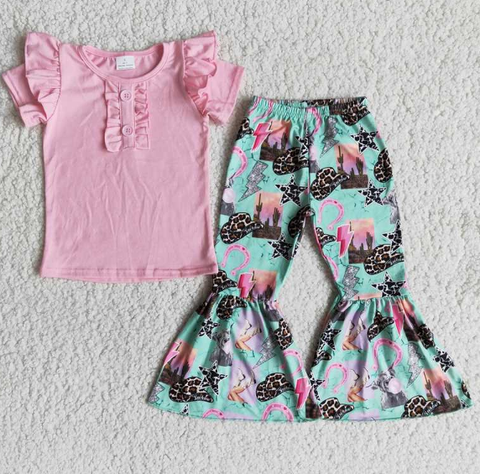 B2-11 Pink Short Sleeve Leopard Hat Lightning Flare Pants Set