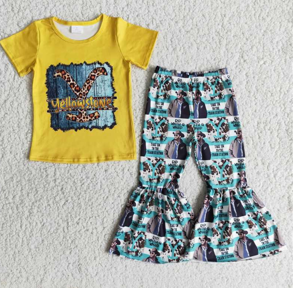 B1-17 Yellow stone yellow short-sleeved flared pants set