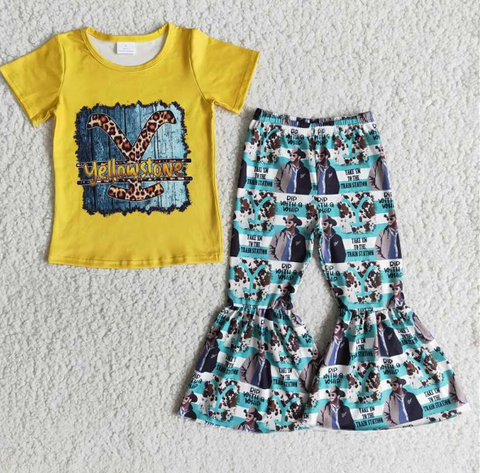 B1-17 Yellow stone yellow short-sleeved flared pants set
