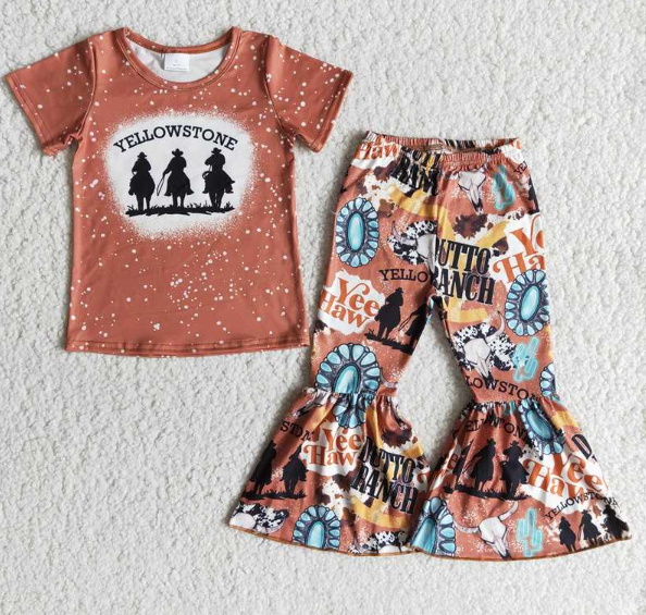 B1-19 yellow stone brown short-sleeved flared pants set