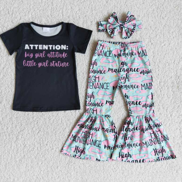 B1-20 Black Short Sleeve Top Letter Flared Pants  set