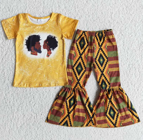 B1-1 Black Orange Short Sleeve Diamond Flared Pants Set