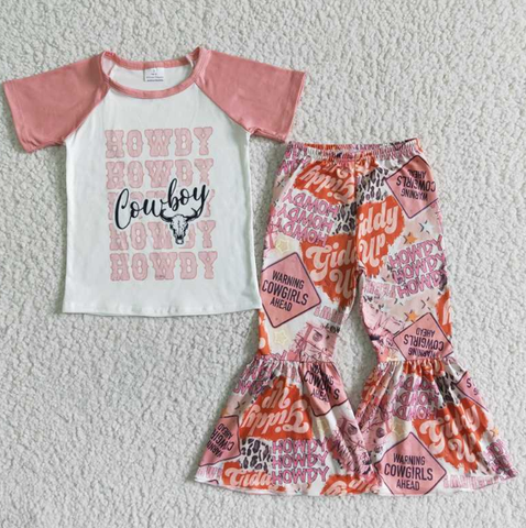 E13-18 cowboy short sleeve top bull head flared pants
