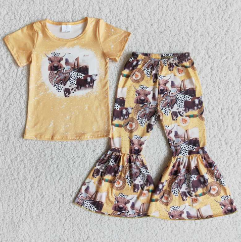 E13-17 Yellow Short Sleeve Top Bull Head Flared Pants Set