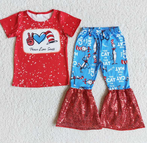 E13-27 seuss gesture heart short-sleeved sequined flared pants set