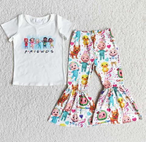 E13-4 cocomelon cartoon white short-sleeved flared pants set