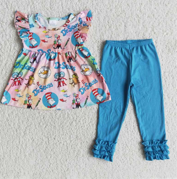 E13-11 DR seuss fly-sleeve top blue pant set