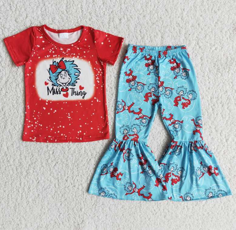 E12-27 seuss red short-sleeved flared pants set