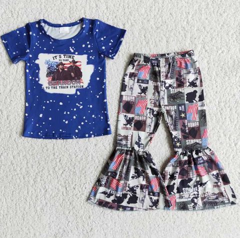 E13-12 BRANDON Blue Short Sleeve Flared Pants Set